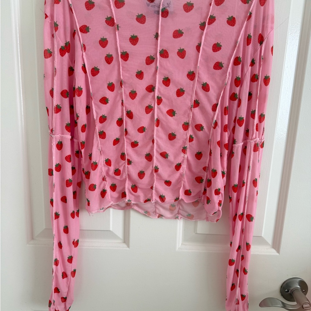 O'Mighty Pink Mesh Top with Strawberry Print
